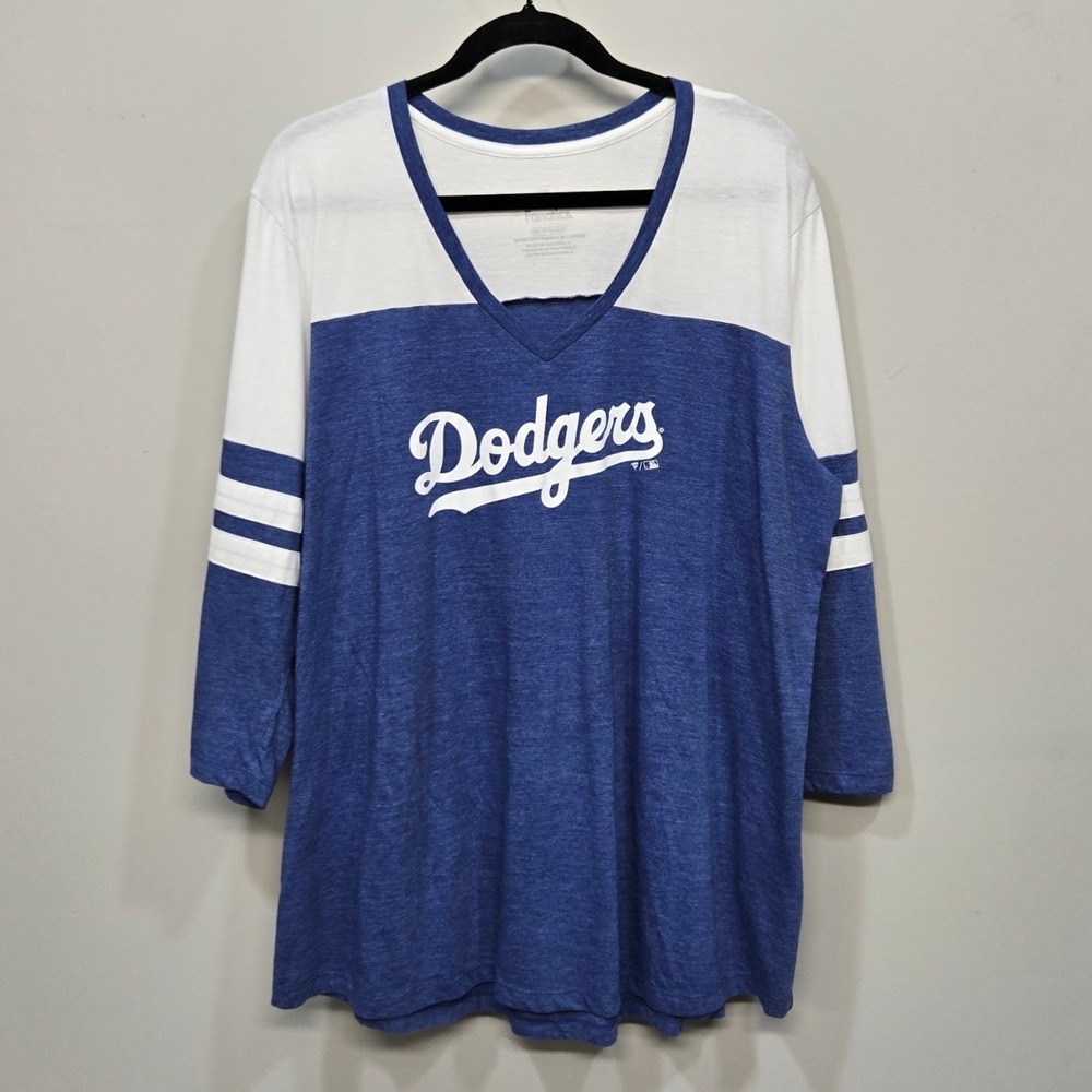 Dodgers‎ Fanatics Women 3X Blue White V Neck 3/4 Sleeve Colorblock Baseball Tee